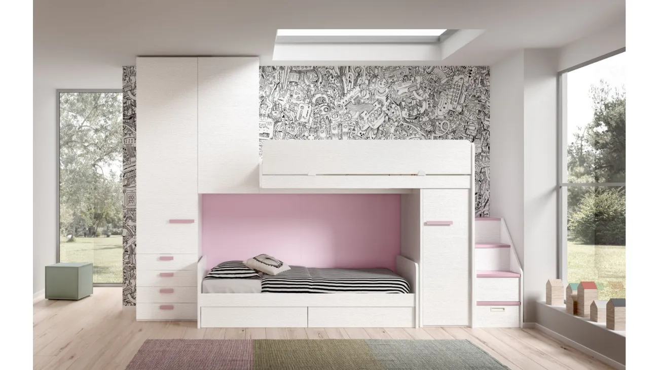 Camera finitura Bianco e Rosa con soppalco Room 171 di Zg Mobili