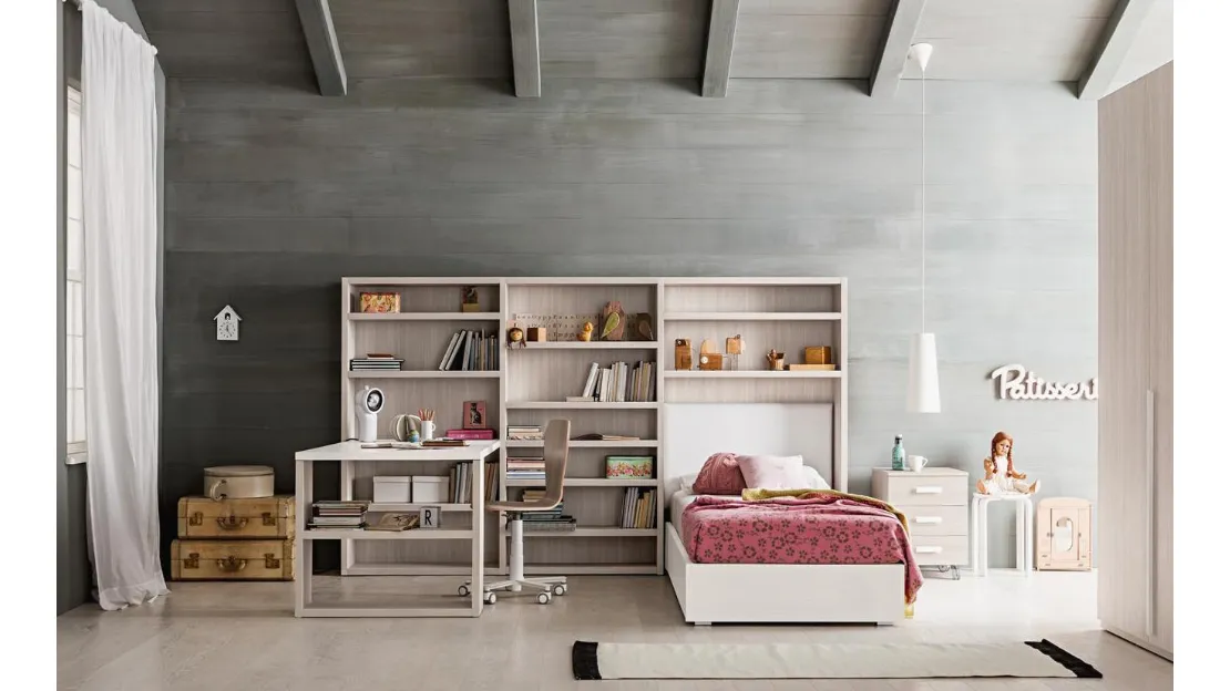 Cameretta con libreria a muro e letto contenitore Composizione OL01 di ZG Mobili