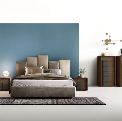 Letto in tessuto imbottito con testiera asimmetrica G02 Puzzle e Omega di Mercantini