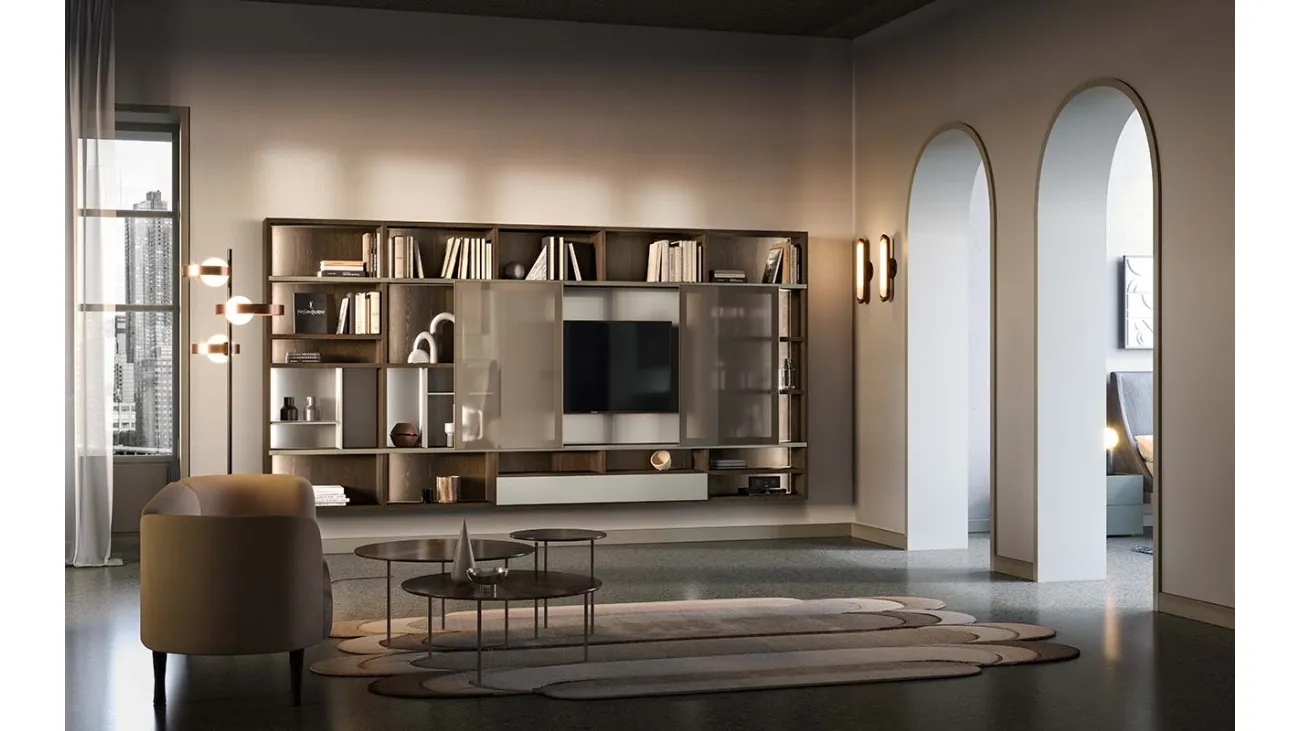 Libreria a muro Kosmos KL203 in legno e vetro di Mercantini