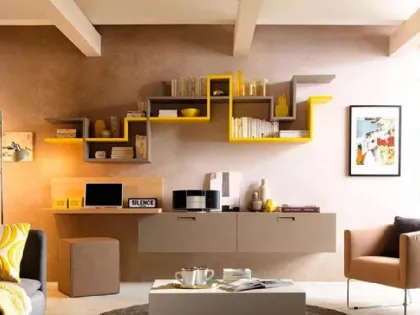 Parete con pensili sospesi, piano con pannello posteriore in olmo LV113 di Moretti Compact