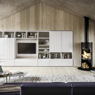 Parete Attrezzata in legno bianco gesso e laccato bianco Maestrale 04 di Scandola