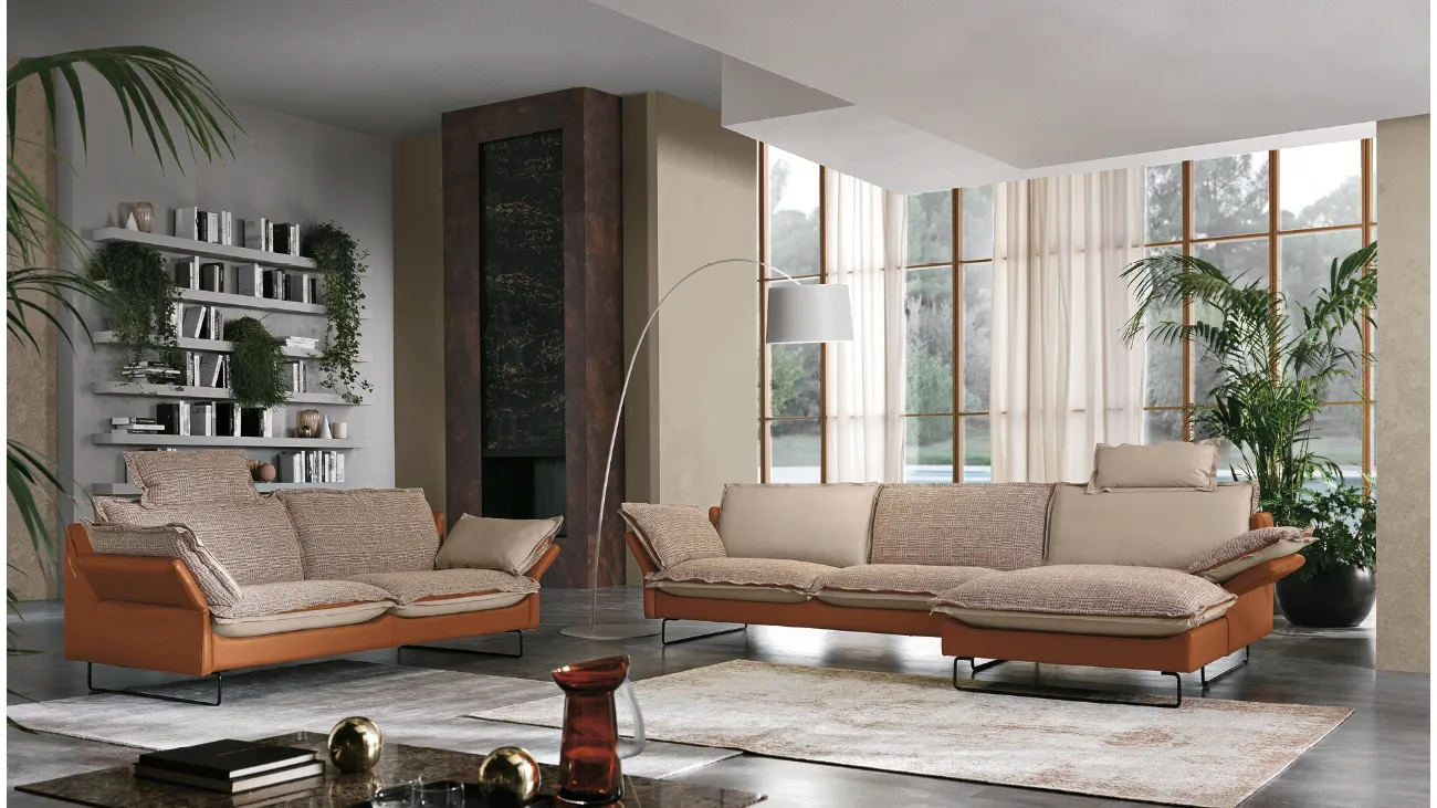 Divani reversibili in pelle e tessuto con penisola o lineare Quadro di Max Divani