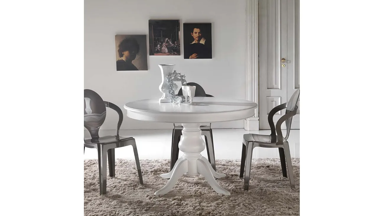 Tavolo rotondo allungabile Re-Style impiallacciato tanganika in tinta con base in Faggio massello laccato bianco uniforme di La Seggiola