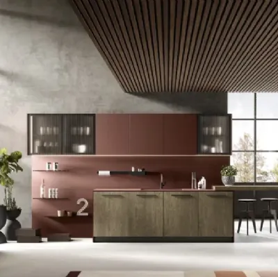 Cucina Moderna con isola College 02 in rovere yuta e fenix rosso jaipur di Moretti Cucine