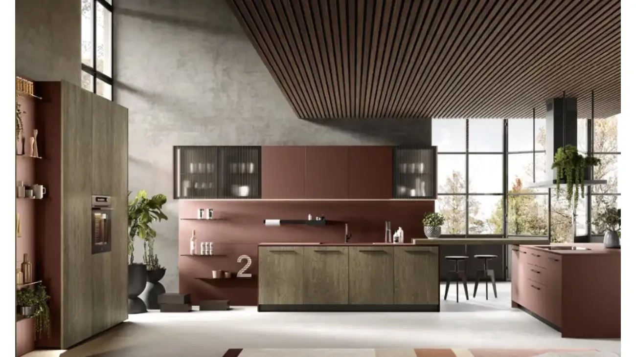 Cucina Moderna con isola College 02 in rovere yuta e fenix rosso jaipur di Moretti Cucine
