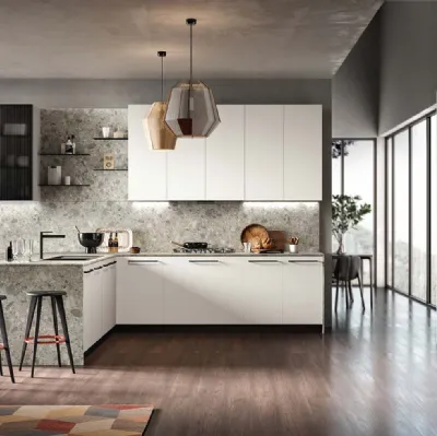 Cucina Moderne Easy laccato Bianco e finitura Mainland top e pannello sul retro di Moretti Cucine