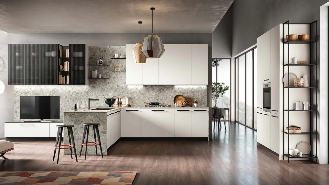 Cucina Moderne Easy laccato Bianco e finitura Mainland top e pannello sul retro di Moretti Cucine