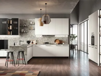 Cucina Moderne Easy laccato Bianco e finitura Mainland top e pannello sul retro di Moretti Cucine