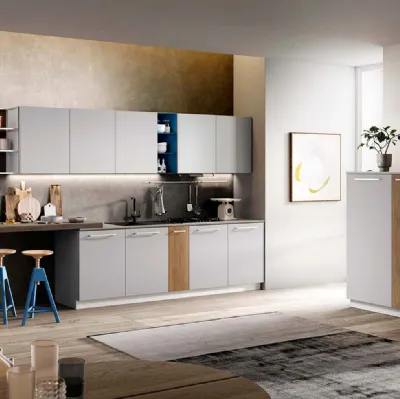Cucina Moderne Easy laccato Grigio Londra con inserti in noce lineare con penisola di Moretti Cucine