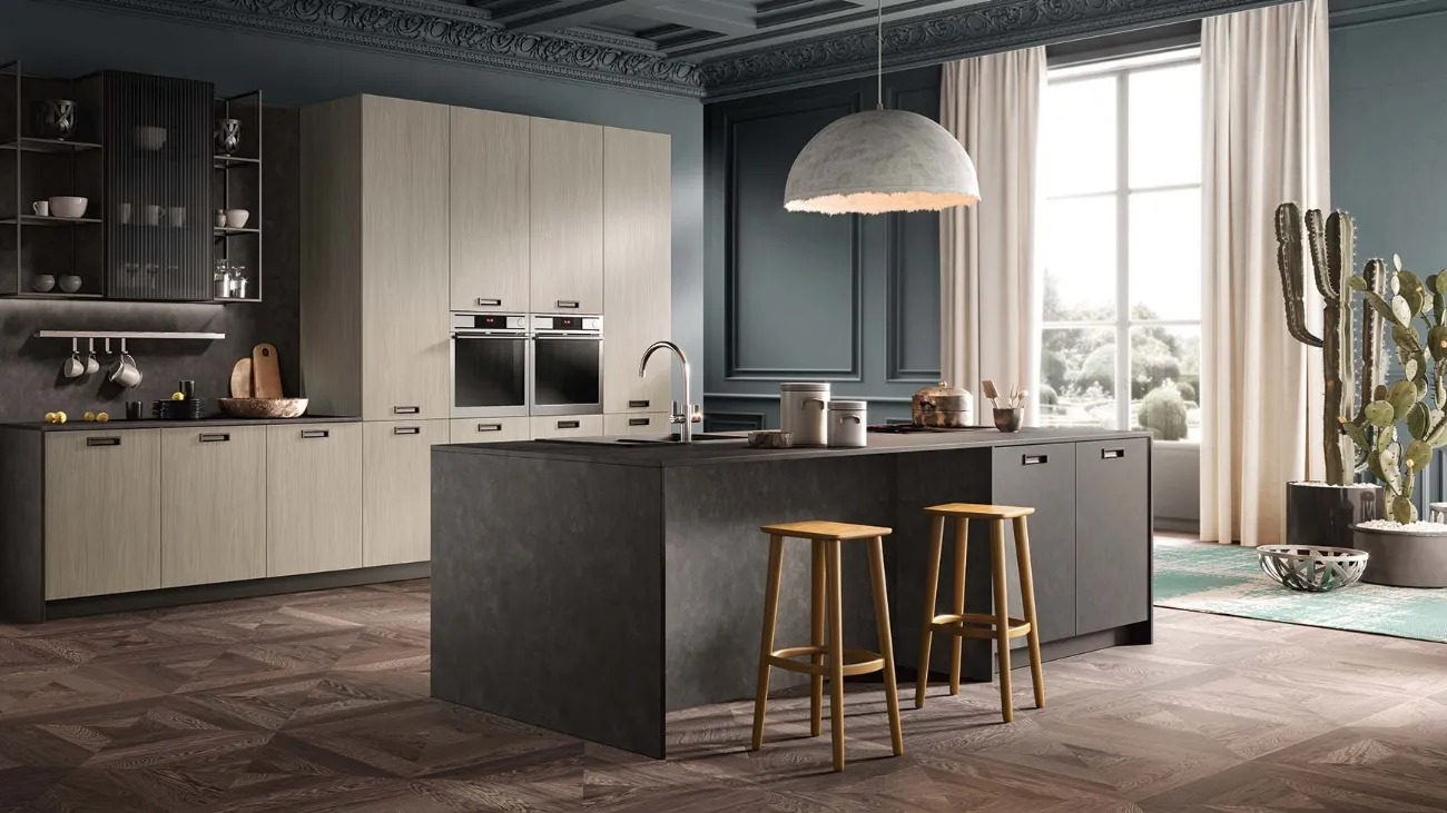 Cucina Moderne Easy finitura Olmo e Smokey Matt con isola di Moretti Cucine