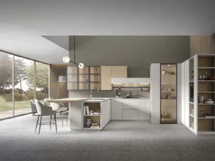 Cucina Moderna angolare con penisola in rovere naturale e finitura bianca Eclettica 02 di Scandola
