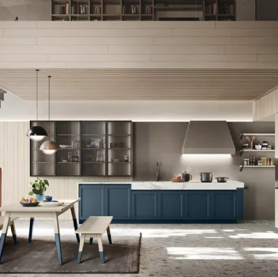 Cucina Moderna lineare in legno finitura Denim con top in HPL Calacatta Maestrale M06 di Scandola