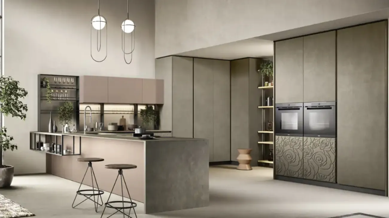 Cucina Moderna con penisola Mirage 02 in laccato e malta di Moretti Cucine
