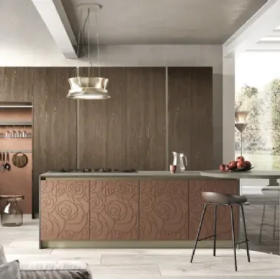 Cucina Moderna con isola Mirage 04 in melaminico rovere e malta con decoro di Moretti Cucine