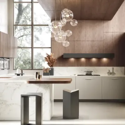 Cucina Moderna con penisola Moon 03 in laccato, rovere e dekton di Moretti Cucine