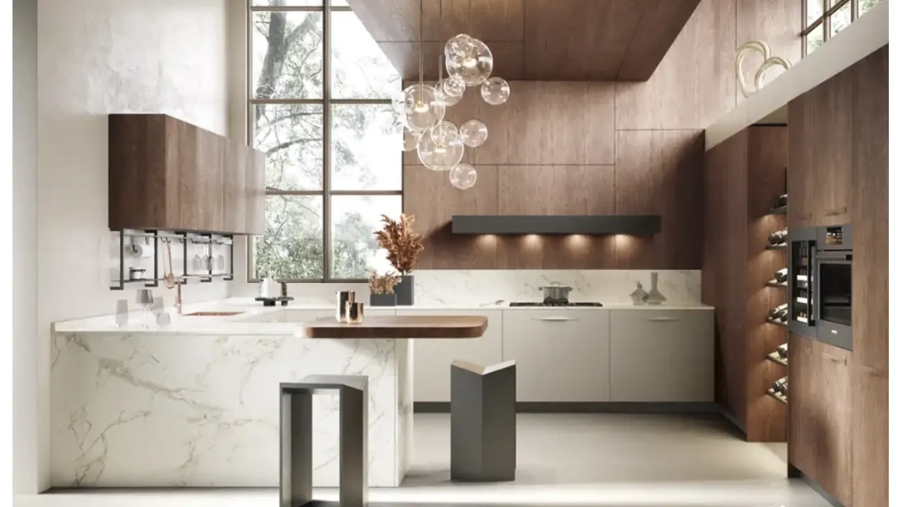 Cucina Moderna con penisola Moon 03 in laccato, rovere e dekton di Moretti Cucine