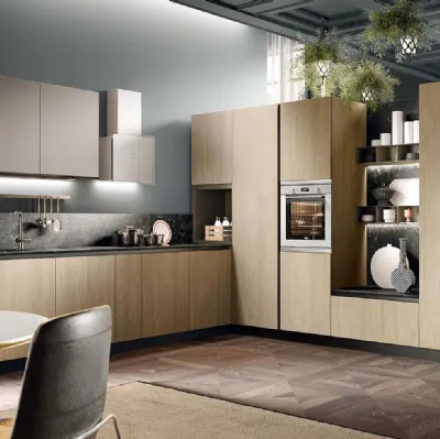 Cucina Moderna angolare Evolution in melaminico Rovere Naturale, pensili in laminato Grigio scuro e top in HPL marmo di Moretti Cucine