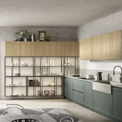 Cucina Moderna ad angolo Myriad 04 in laccato muschio e melaminico rovere miele di Moretti Cucine