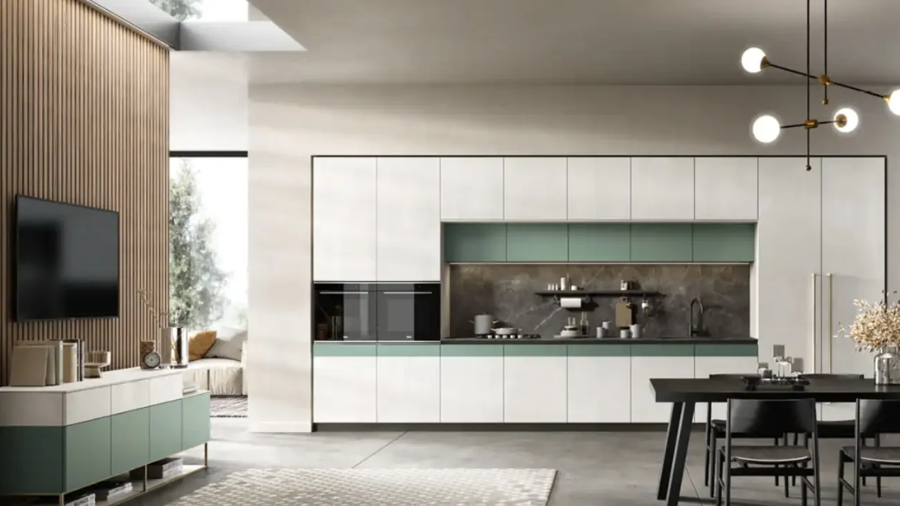Cucina Moderna lineare Natural 03 in melaminico resina e laccato opaco salvia di Moretti Cucine