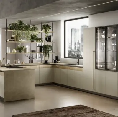 Cucina Moderna con penisola Natural 04 in laccato opaco tortora e melaminico rovere di Moretti Cucine