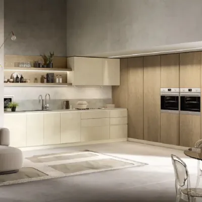 Cucina Moderna angolare Venere 03 in laccato e rovere biondo di Moretti Cucine