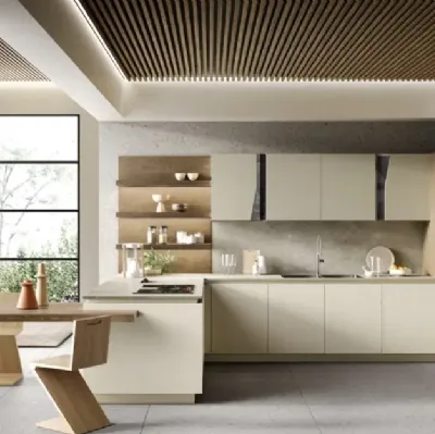 Cucina Moderna con penisola Venere 05 in laccato e rovere tabacco di Moretti Cucine