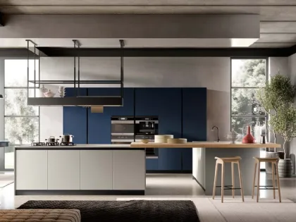 Cucina Moderne Venere Fenix Blu e laccato Grigio Luce con penisola Rovere Naturale di Moretti Cucine