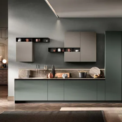 Cucina Moderne Venere Laccato opaco Muschio e Perla con marmo Botticino di Moretti Cucine