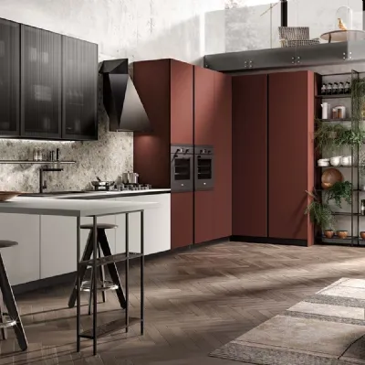 Cucina Moderne Venere in Fenix Rosso e laccato opaco Bianco con penisola di Moretti Cucine