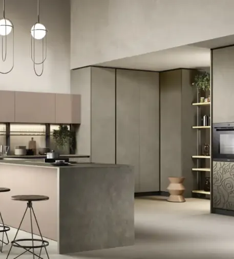 Cucina Moderna in legno massello di abete con isola e piano in gres Calacatta Atelier 01 di Callesella
